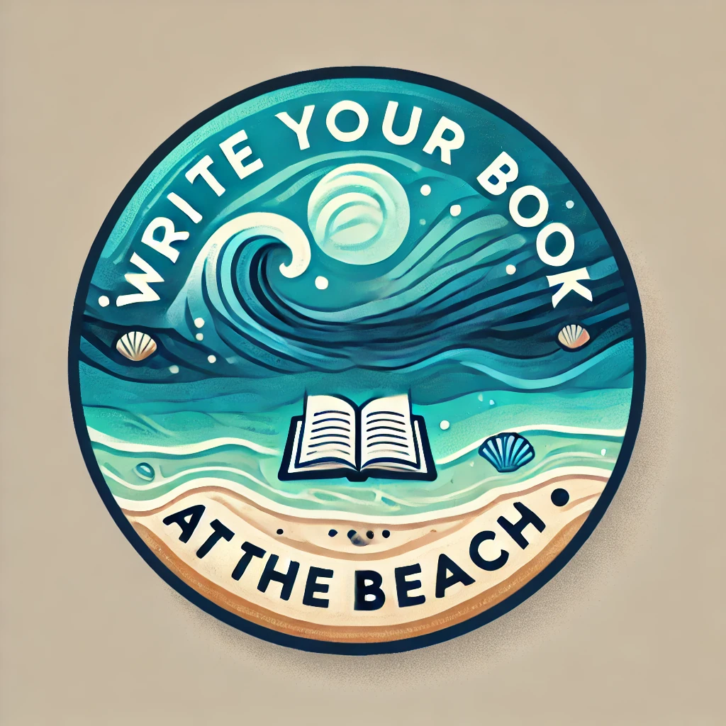 DALL·E 2024-09-25 19.07.37 - A round logo design for a 'Write Your Book at the Beach' retreat. The design features tranquil colors inspired by the Caribbean Sea, with vibrant shad